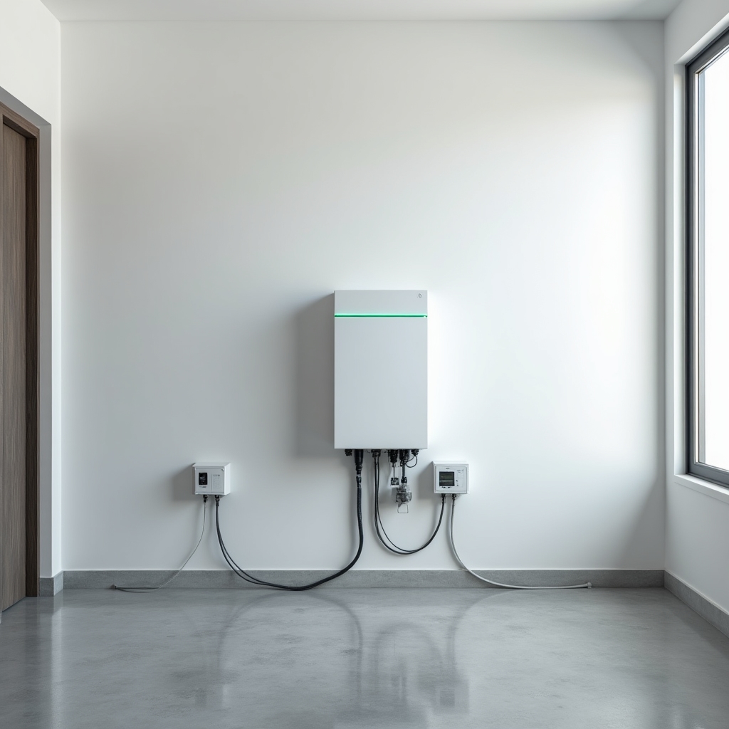 Modern home battery storage unit mounted on a wall in a clean utility room with visible wiring