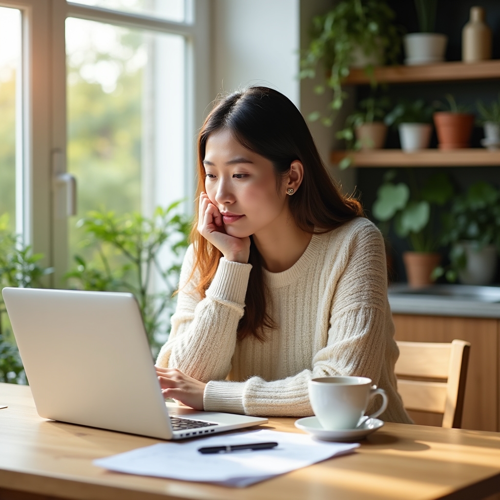 Homeowner sitting at a kitchen table reviewing solar energy information on a laptop