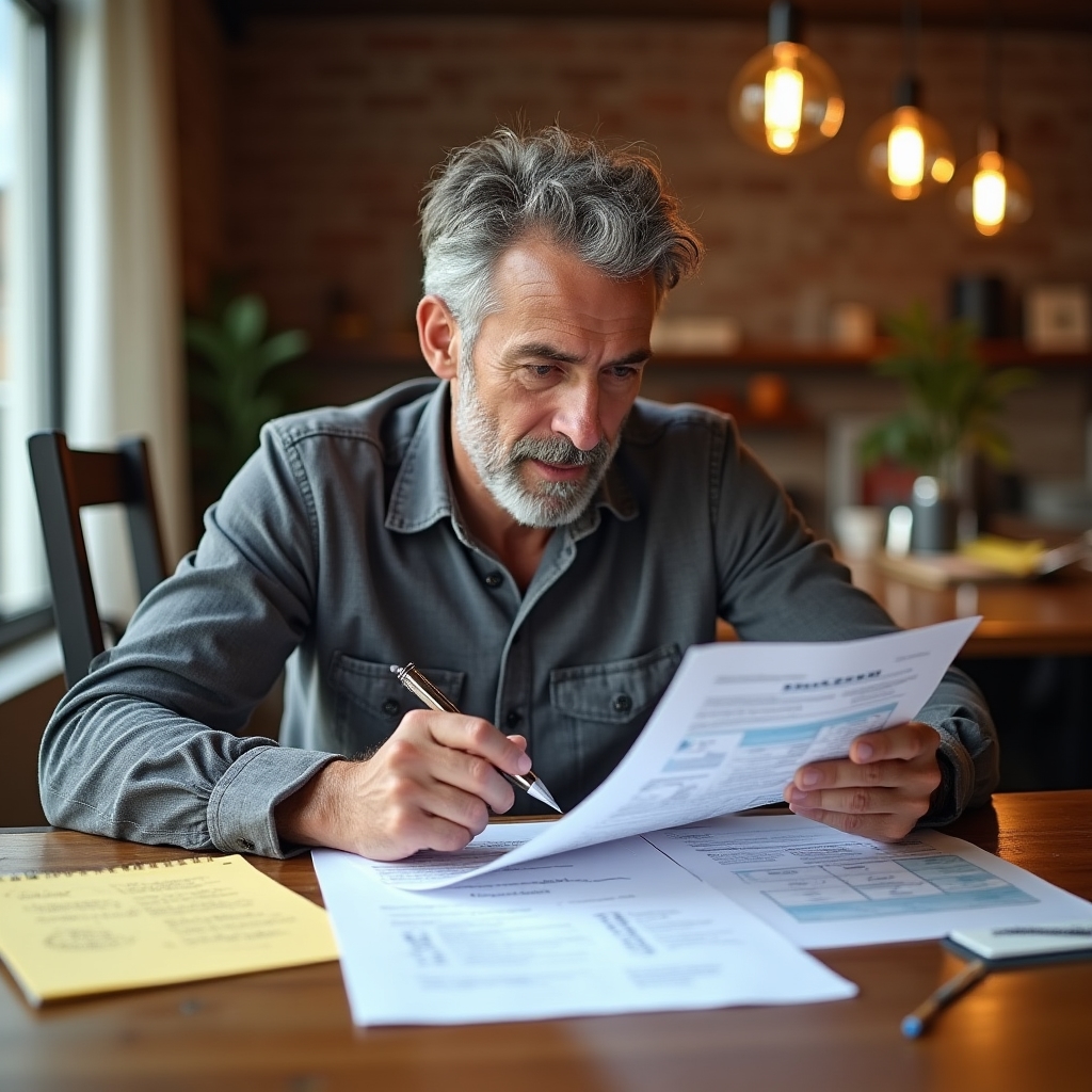 Homeowner reviewing a solar proposal document with a notepad full of questions beside them