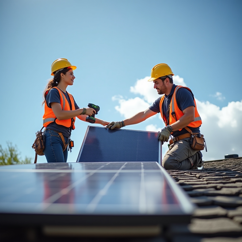 Installation team working on solar panel mounting on a residential roof in clear weather