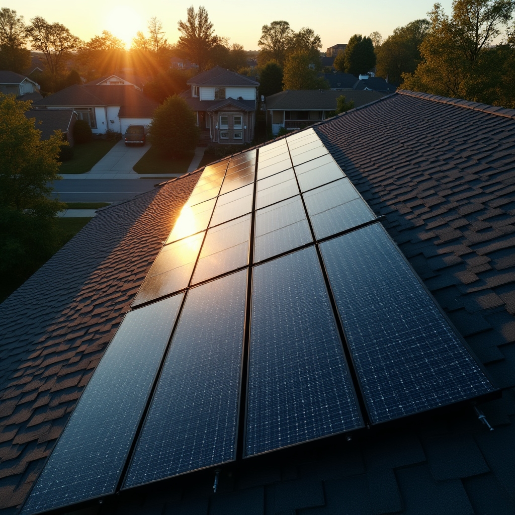 Aerial view of solar panels installed on a residential rooftop