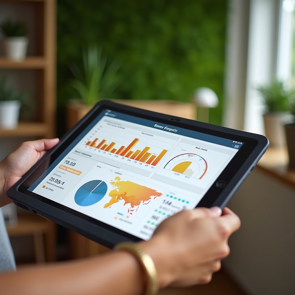Person using a tablet to review solar energy data visualizations and consumption charts